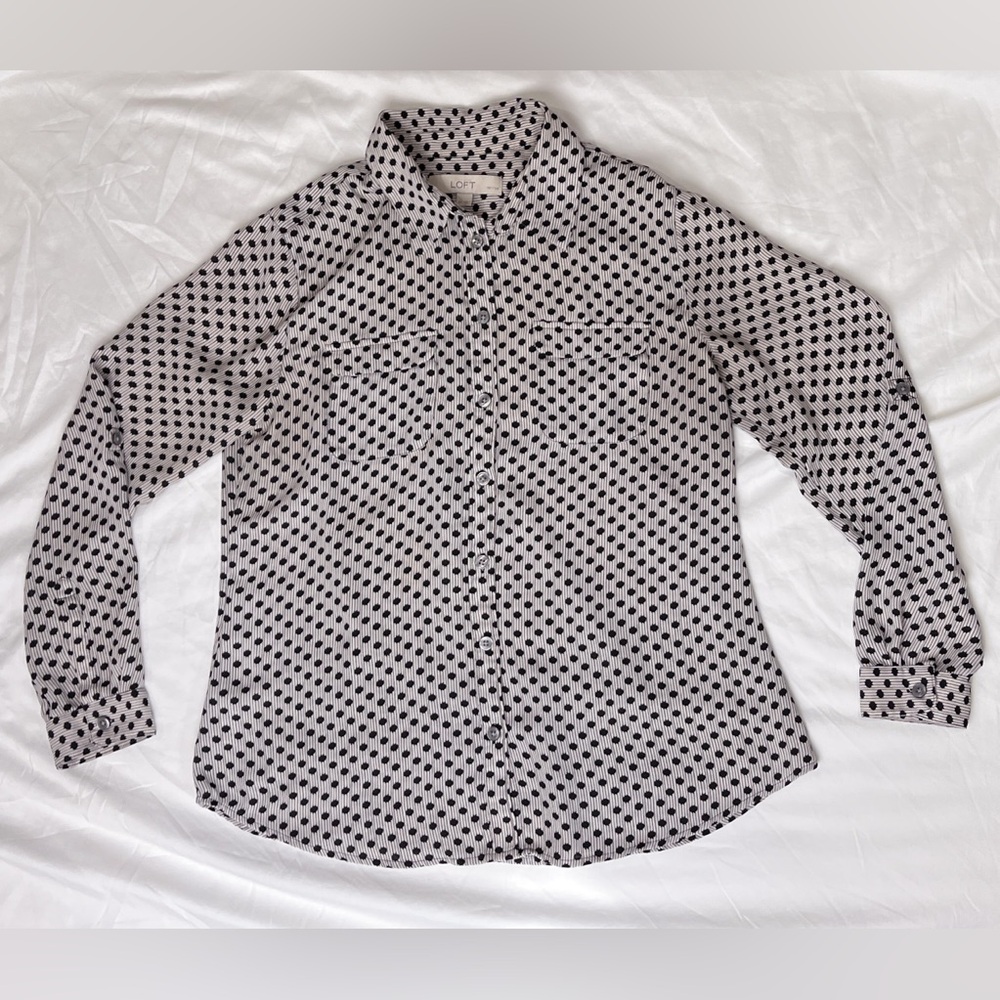 LOFT Women’s Black Dotted and Grey Striped Button Down Shirt